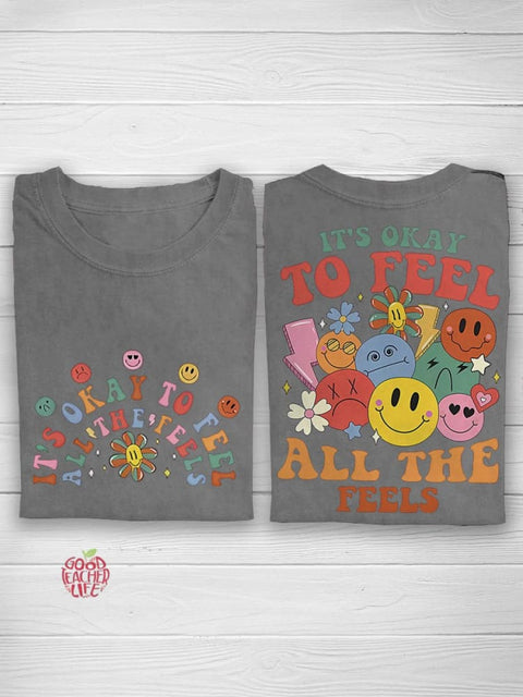 School Counselor It's Okay To Feel All The Feels Mental Health Casual Print T-shirt