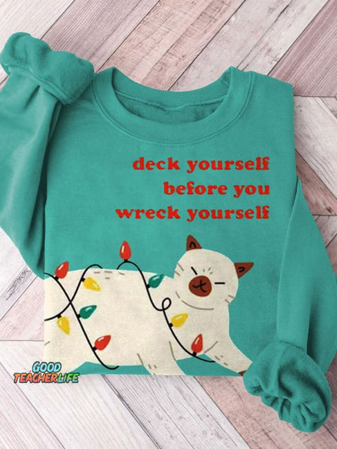 Funny Christmas Cat Art Print Casual  Sweatshirt