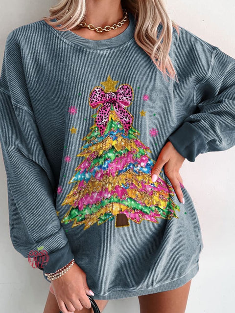 Women's Christmas Colorful Coquette Glitter Christmas Tree Casual Print Sweatshirt