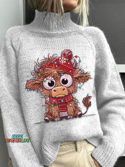 Embroidery  Highland Cow  Christmas Art Print Knit Turtleneck Pullover Sweater