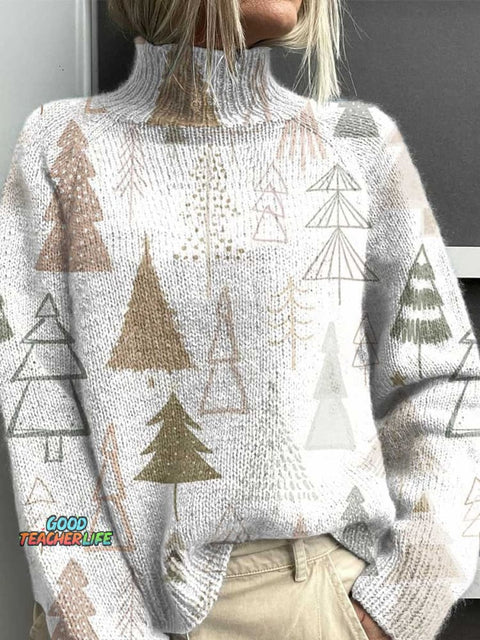 Christmas Tree Print Knit Turtleneck Pullover Sweater