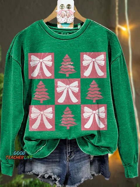 Christmas Retro Checkered Christmas Tree Pink bow Casual  Sweatshirt