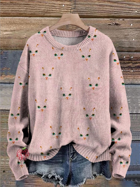 Funny Cats Face Art Pattern Print Casual Knit Pullover Sweater