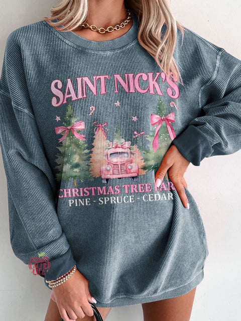 Women's Coquette Pink Christmas Tree Farm Casual Print Sweatshirt