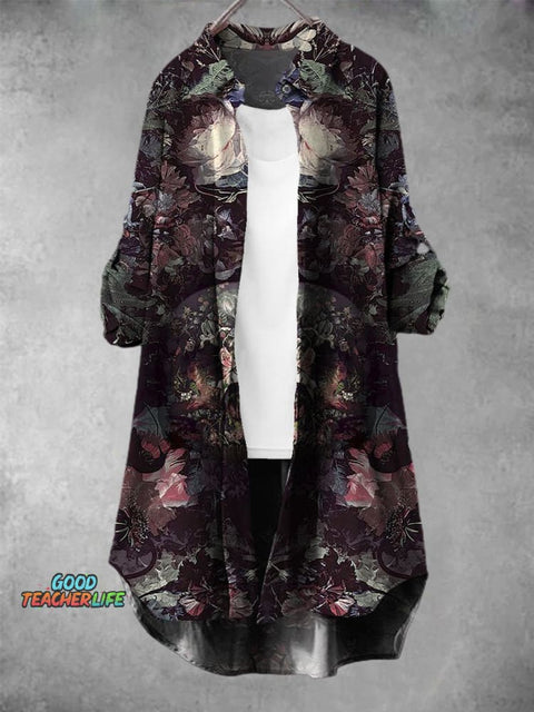 Women's Dark Style Black Skull And Mixed Floral Pattern Printed Long Shirt Skirt