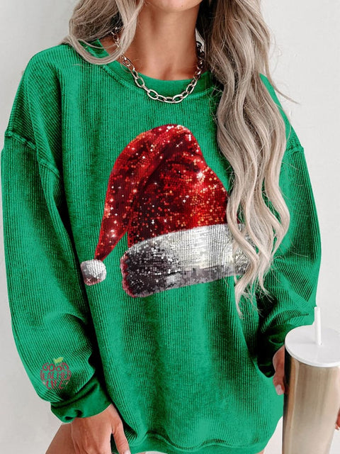 Christmas Glitter Santa Hat Print Women's Casual Sweatshirt