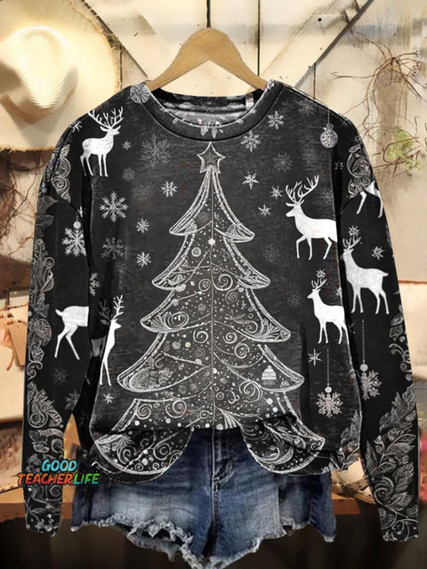 Retro Christmas Tree Elk Casual Sweatshirt