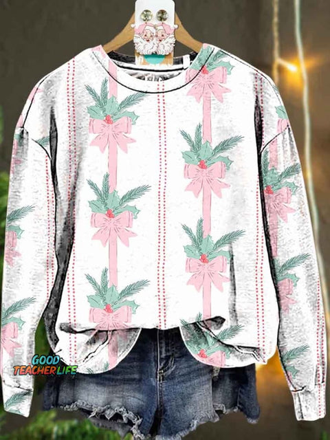 Christmas Pink bow Christmas tree Holly Casual  Sweatshirt
