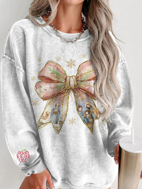 Merry Christmas Jesus Christmas Coquette Bow Women's  Casual Print Corduroy Sweatshirt