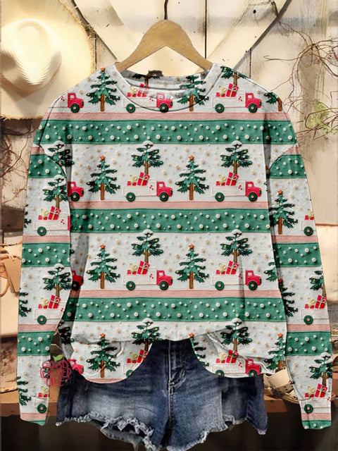 Pearly Christmas Truck Print Casual Sweatshirt