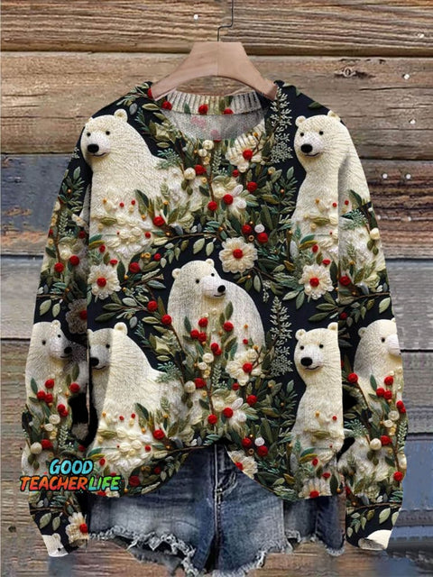 Cute White Bears Floral Decorations Art Print Casual Knit Pullover Sweater