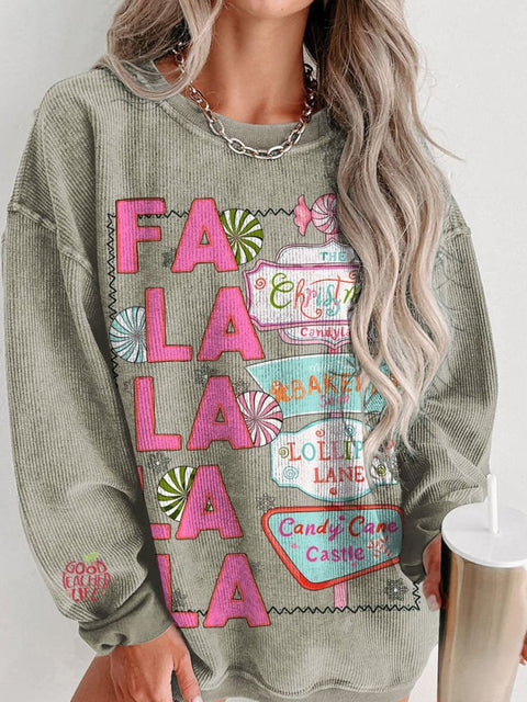 Christmas FaLaLaLaLa Retro Pink Women's  Casual Print Corduroy Sweatshirt