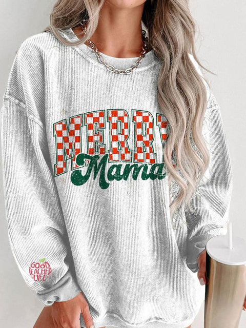 Women's Retro Checkered Christmas Mama Casual Print Corduroy Sweatshirt