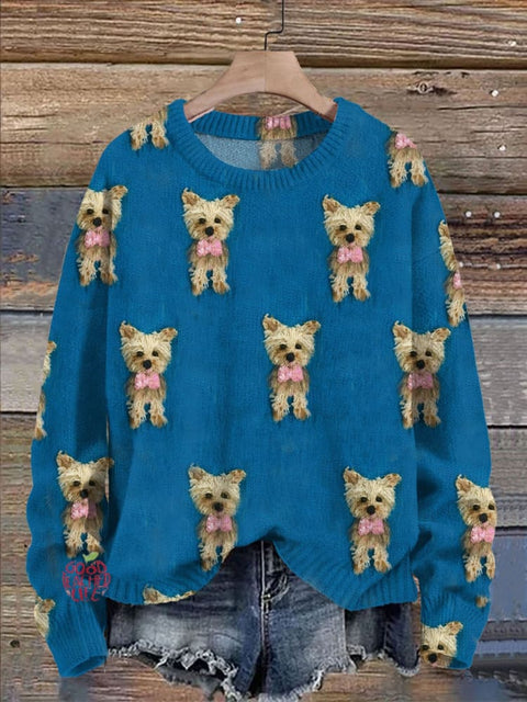 Cute Puppy Dog Lover Print Knit Pullover Sweater