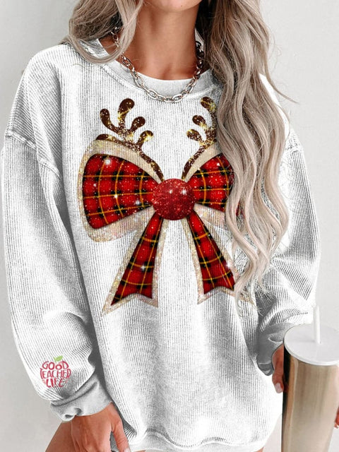 Christmas Reindeer Plaid Bow Print Women's Casual Sweatshirt