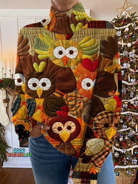 Turkey Art Print Knit Turtleneck Pullover Sweater