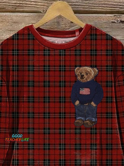 Teddy Bear And Plaid Pattern Printed Casual Sweatshirt