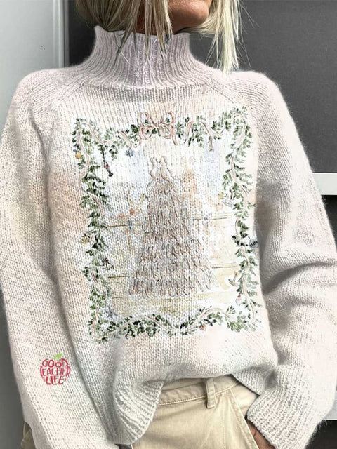 Christmas Tree Art Print Knit Turtleneck Pullover Sweater