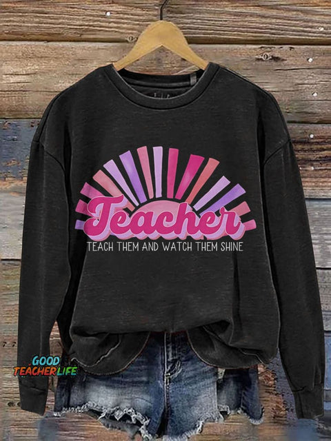 Retro Bright Pink Sun Hot Casual Print Sweatshirt