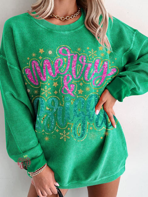 Christmas Merry & Bright Golden Glitter Women's  Casual Print Corduroy Sweatshirt