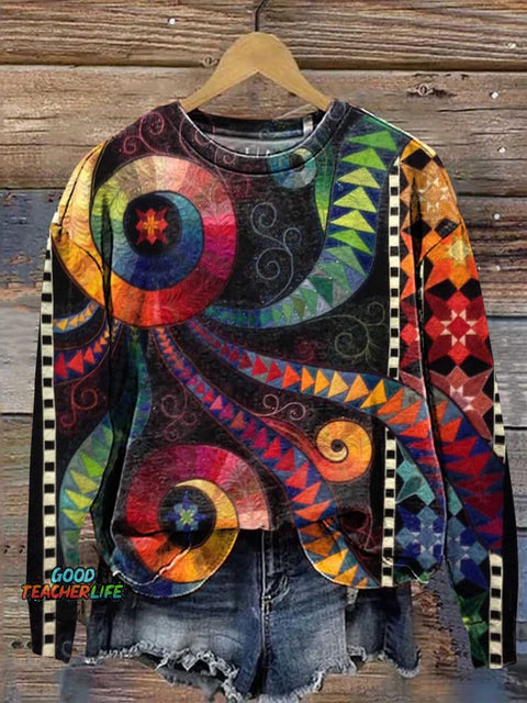 Retro Colorful Pattern Casual Sweatshirt