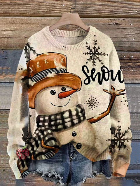 Snow Retro Christmas  Print Knit Pullover Sweater