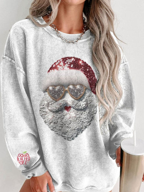 Women's Glitter Christmas Santa Claus with Heart Sunglasses and Christmas Lights Casual Print Shirt