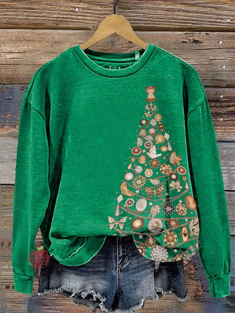 Baroque Jewelry Christmas Tree Print Casual Sweatshirt