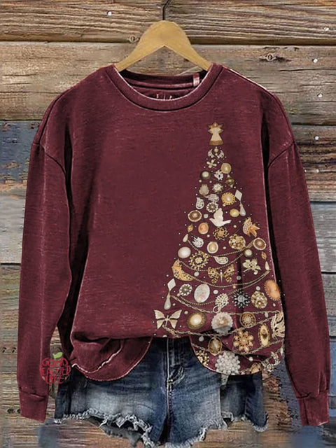 Baroque Jewelry Christmas Tree Print Casual Sweatshirt