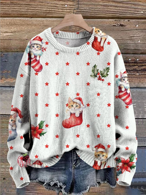 Christmas Socks Hat Cat Print Knit Pullover Sweater