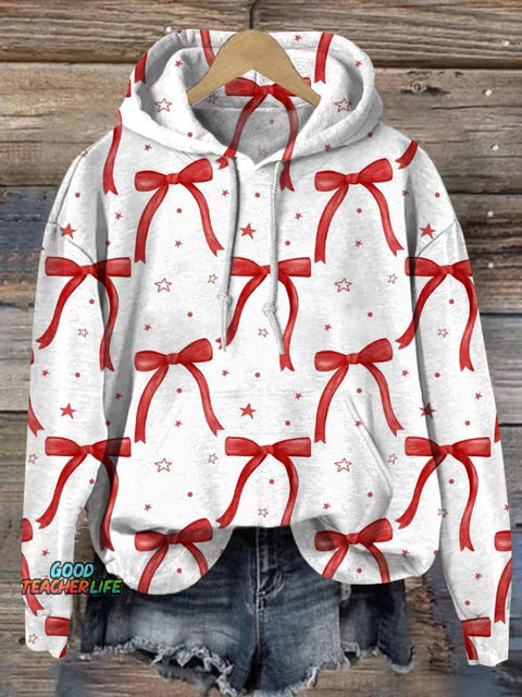Sweet Christmas Ribbon Pattern Printed Casual Sweatshirt