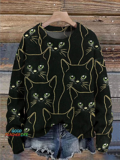 Funny Cats Art Pattern Print Casual Knit Pullover Sweater