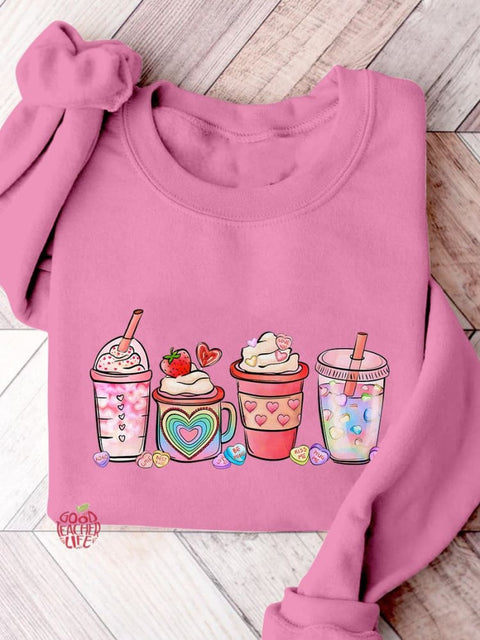 Valentine's Day Coffee Drinks Casual Print Sweatshirt