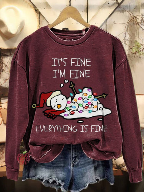 It's Fine I'm Fine Melting Snowman Teacher Christmas Casual Print Sweatshirt