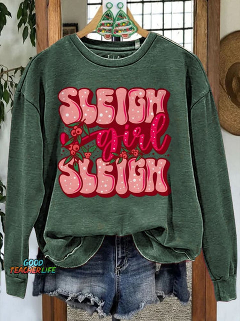 Christmas Pink Sleigh Printed Casual Sweatshirt