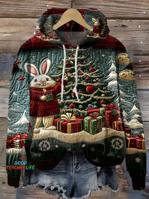 Christmas Bunny Print Casual Hoodie Sweatshirt