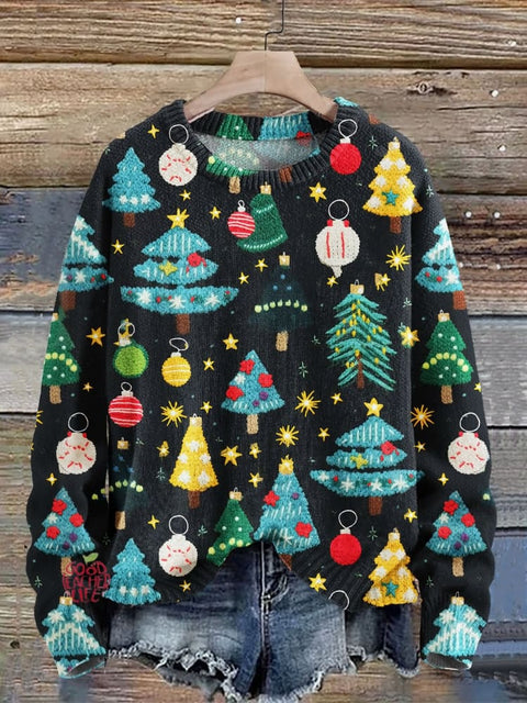 Christmas Tree Art Print Knit Pullover Sweater