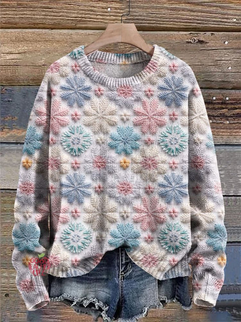 Pastel Snow Snowflakes Cozy Snow Frozen Winter Snowy Christmas Print Knit Pullover Sweater