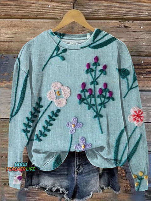 Embroidered Flowers Art Print Casual Sweatshirt