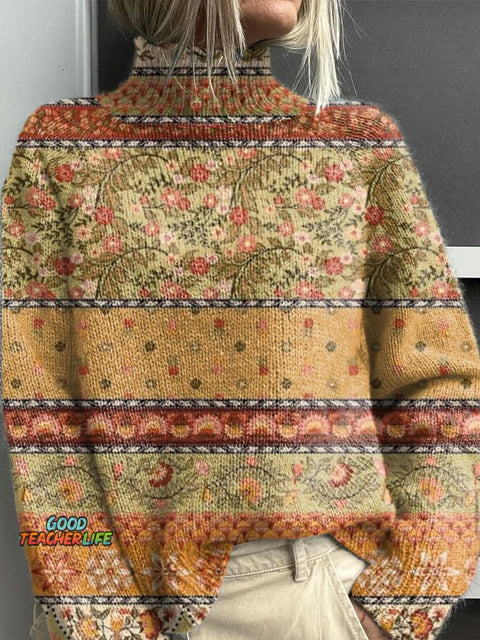 Retro Ethnic Floral Pattern Print Knit Turtleneck Pullover Sweater