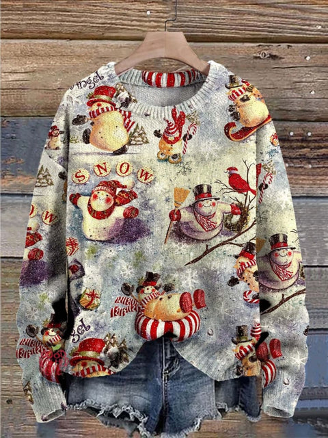 Christmas Cute Snowman Decorations Art Print Casual Knit Pullover Sweater