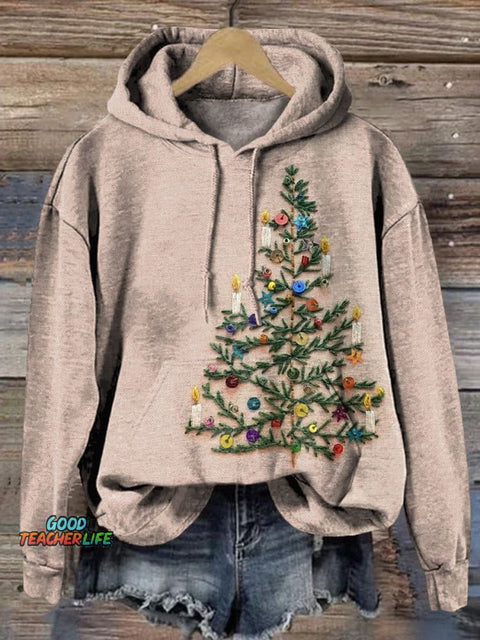 Embroidery Christmas Tree Art Printed Casual Sweatshirt