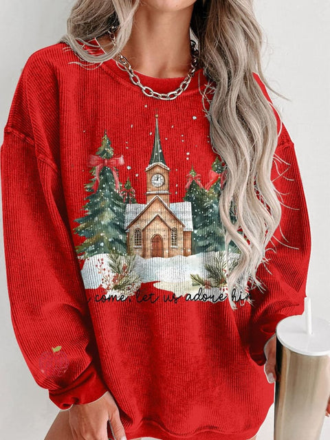 Christmas Oh Come Let Us Adore Him Christmas Tree Women's Casual Print Sweatshirt