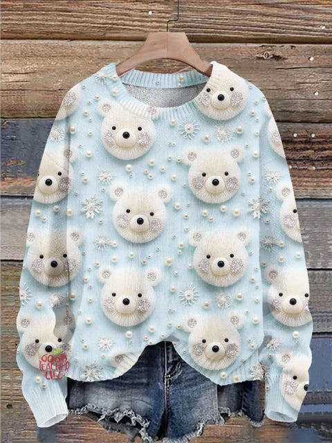 Christmas Gift Bear Art Print Knit Pullover Sweater