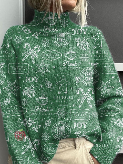 Christmas Gingerbread Man Print Knit Turtleneck Pullover Sweater