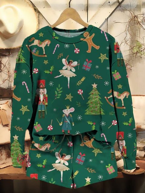 Women's Christmas Nutcracker Print Casual Sweatshirt Shorts Set