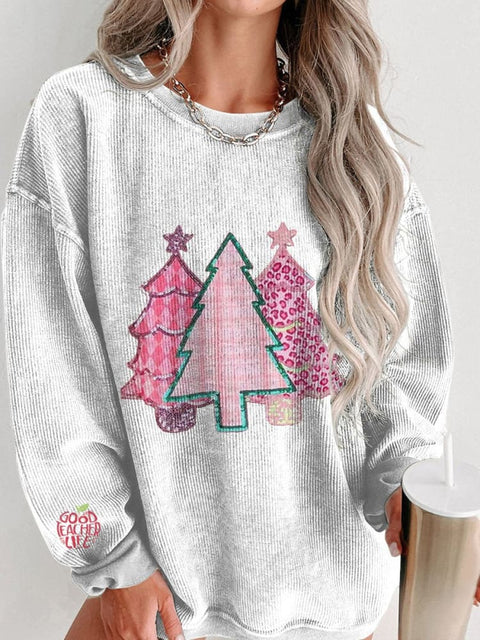 Cute Christmas Tree Women's  Casual Print Corduroy Sweatshirt