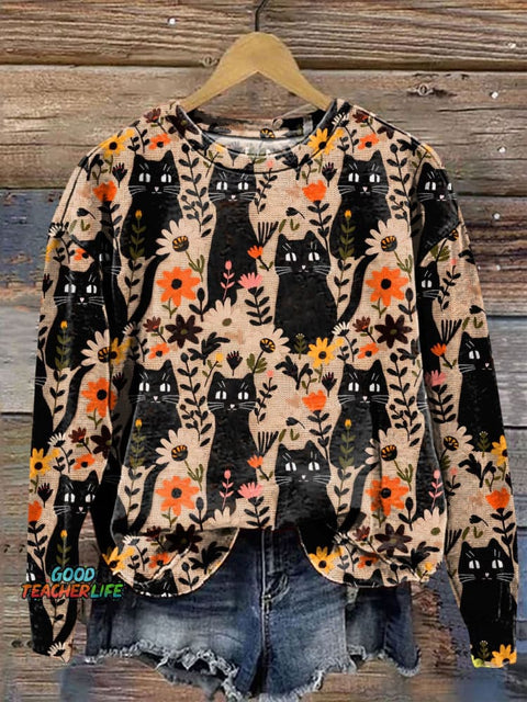 Halloween Black Cat Floral Art Print Casual  Sweatshirt