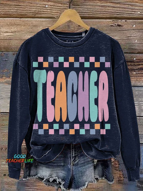 Retro Teacher Life Teacher Casual Print Sweatshirt