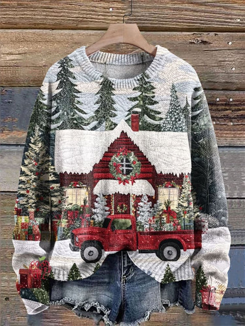 White Christmas Forest Red Truck Print Knit Pullover Sweater